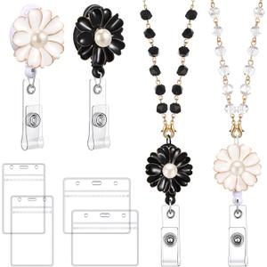2 Set Beaded Badge Lanyard with ID Holders for Christmas Gift Badge Reels Retractable Necklace Lanyards for Nurses and Teacher Pearl Name Holder with Pearl for Girl Women(Flower)