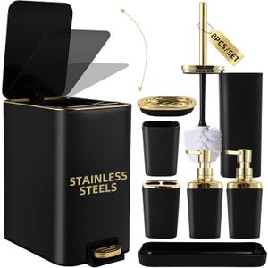 Black Bathroom Accessories 8 Piece Black and Gold Bathroom Set, Bathroom Accessories with Stainless Steel Bathroom Trash Can,Toilet Brush,Toothbrush Set,Soap Dispenser