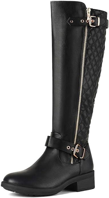 DREAM PAIRS Women's Knee-High Boots Comfortable Chunky Block Heel Round Toe Side Zipper Riding Fashion Buckles Biker Motorcycle Boots, Size: 10