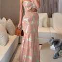 CHICME Floral Printed Prom Dress Tie Ruched Shirred Bandeau Party Dress Slim Fit Ruffle Hem Vacation Dresses (M)