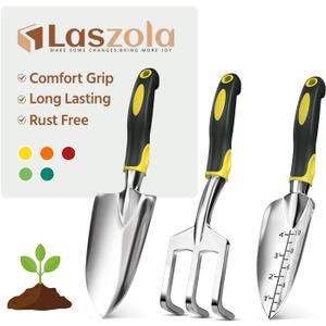 LASZOLA 3 Piece Garden Tool Set Include Hand Trowel Rake and Transplant Shovel for Women, Indoor Heavy Duty Small Spade Kit with Ergonomic Handle to Weed and Loosen, for Mom and Plant Beginner, Yellow