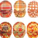 Quera 600 Counts Thanksgiving & Fall Themed Cupcake Liners - Pumpkin, Maple Leaf & Plaid Designs - Disposable Paper Baking Cups