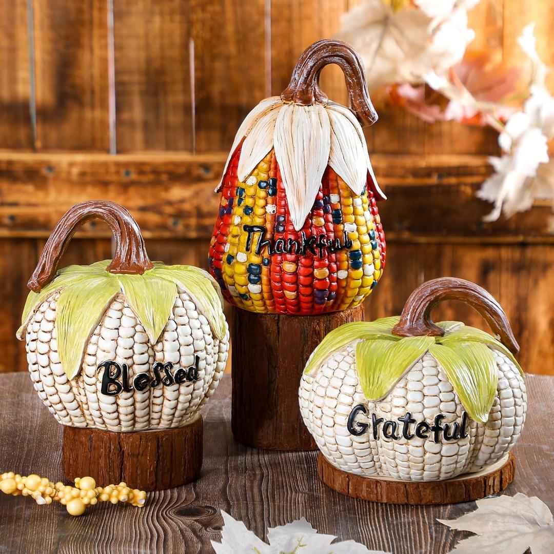 Wesiti Set of 3 Thanksgiving Fall Pumpkin Decorations 7 Inch Resin Artificial Corn Decorative Pumpkins with Blessed Grateful Thankful Table Centerpieces Decor for Thanksgiving Harvest Vintage Room
