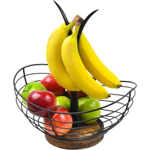 Modern Farmhouse Fruit Basket with Banana Holder for Kitchen Counter, Vintage Wire and Wooden Base Fruit Bowl & Banana Hanger for Kitchen Countertop Decor, Banana Tree & Fruit Stand