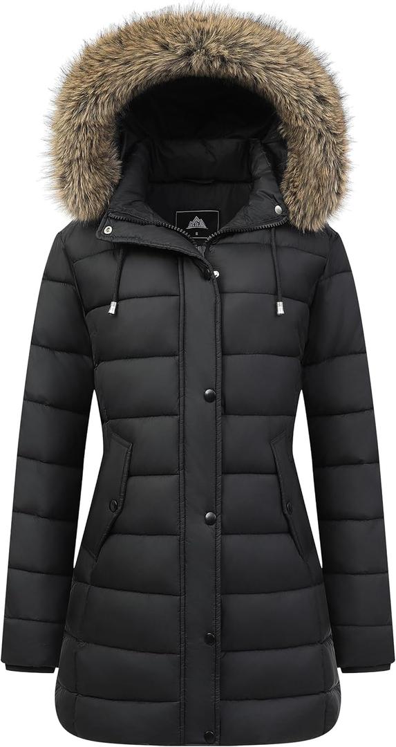 Women's Winter Thickened Down Jacket Warm Long Puffer Coat Waterproof Parka with Faux Fur Removable Hood (Black, XL)