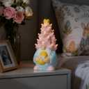 WDS WONDROUS Easter Decorations Lighted Gnome Figurine, Ceramic Battery Operated LED Easter Decor with Pink Hair Holding Egg, Spring Home Decor, Table Centerpiece, Indoor Gnome Decorations