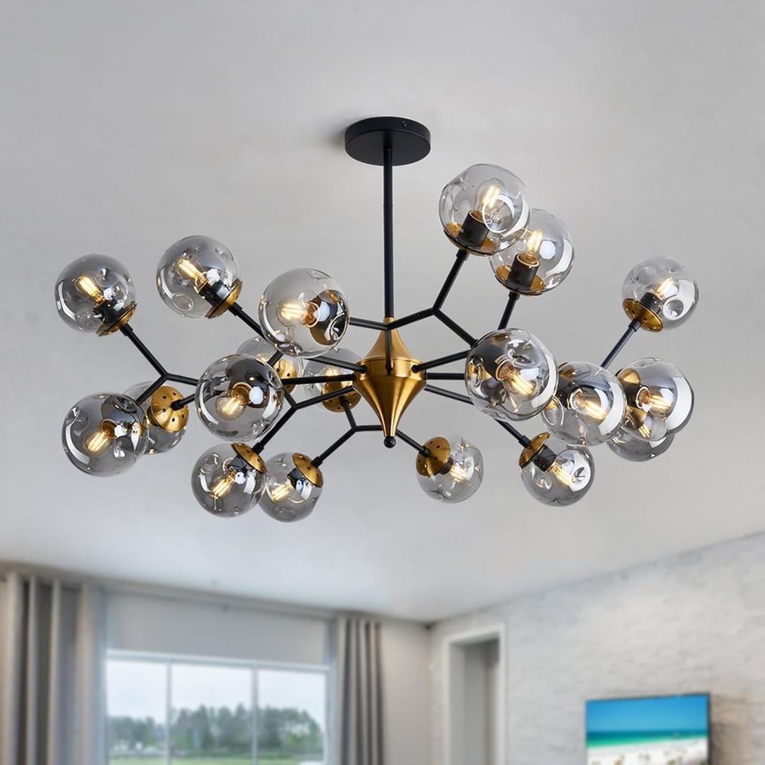 Hesoge 20 Light Extra Large Sputnik Chandelier Mid Century Modern Black and Gold Ceiling Light Fixture with Glass Globe Pendant Light Hanging for Dining Room Kitchen Living Room Foyer.