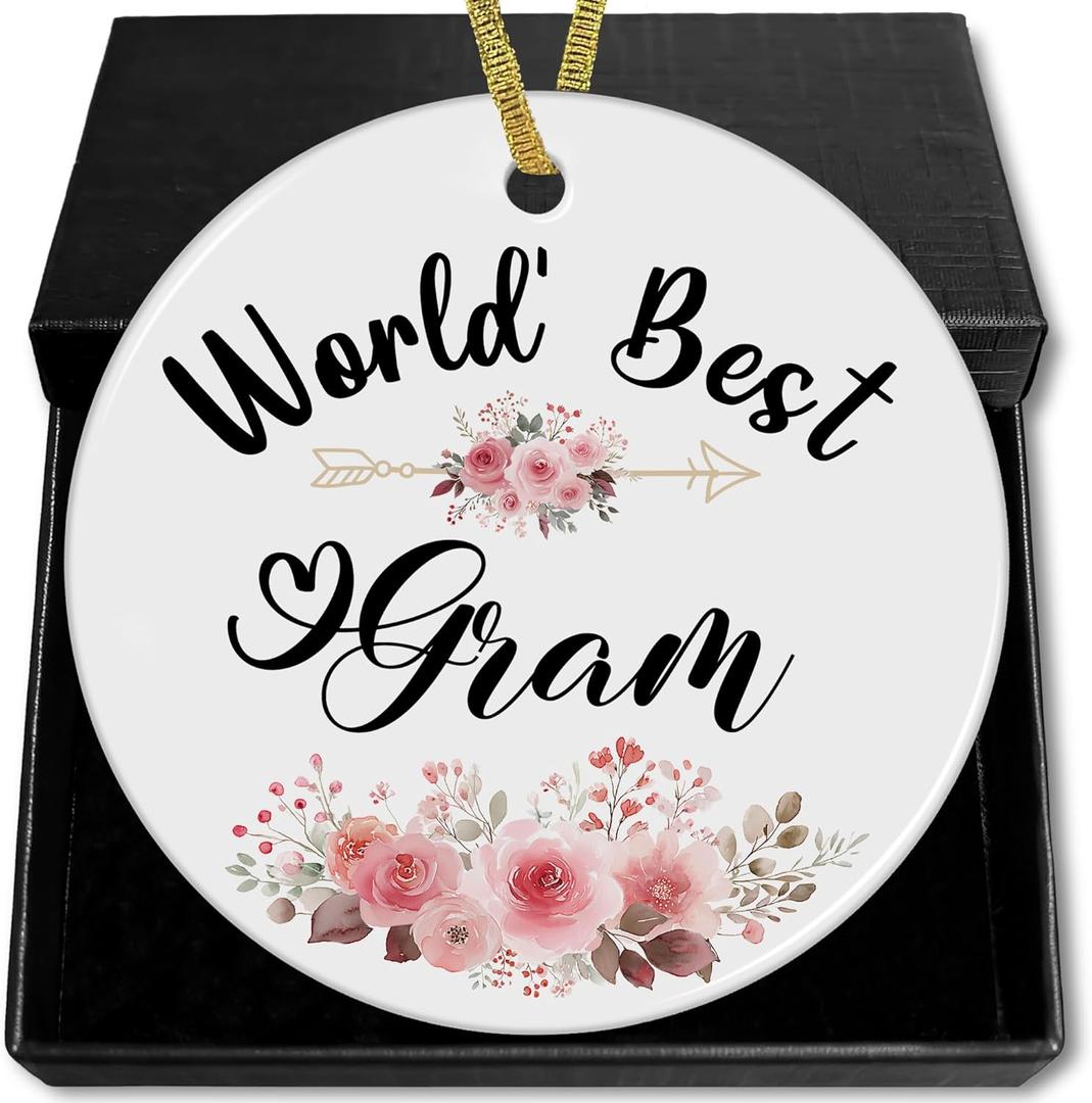 3 x World's Best Gram Christmas Mothers Day Birthday Ceramic Ornaments Gifts for Gram Grandma from Grandkids Grandson Granddaughter, Grandma Christmas Tree Haning Ornaments Decorations, 3x3In