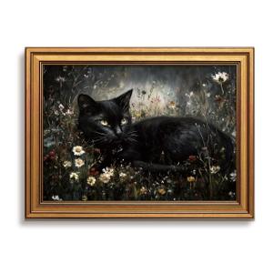 Vintage Gold Framed Black Cat Wall Art Dark Cottagecore Painting 16x24 Inch