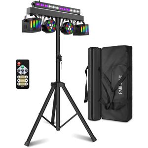 DJ Lights with Stand for Party | All-in-One LED Stage Lighting System for Weddings Club Gig Bar Band Disco Booth Live Show Events | Sound Activated & DMX512 | Portable 7FT Tripod