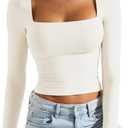 SUUKSESS Women Square Neck Long Sleeve Tops Double Lined Going Out T-Shirts, Medium 