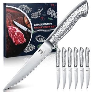 DRAGON RIOT Steak Knives Set of 6 Serrated Edge Steak Knife Set Japanese Stainless Steel Dinner Knife Diswasher Safe Steak Knives with Gift Box