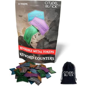 Citadel Black MTG Metal Keyword Counters - Set of 24 Reversible Tokens - Includes Drawstring Pouch, Antique Metal Finish, Designed for MTG TCG Magic: The Gathering Accessory