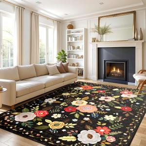 3x5 Rug for Bedroom Washable Rug Non Slip, Girl Rug, Low Pile Boho Floral Area Rug Carpet for Living Room,Bedside, Kids Room, Office(Black)