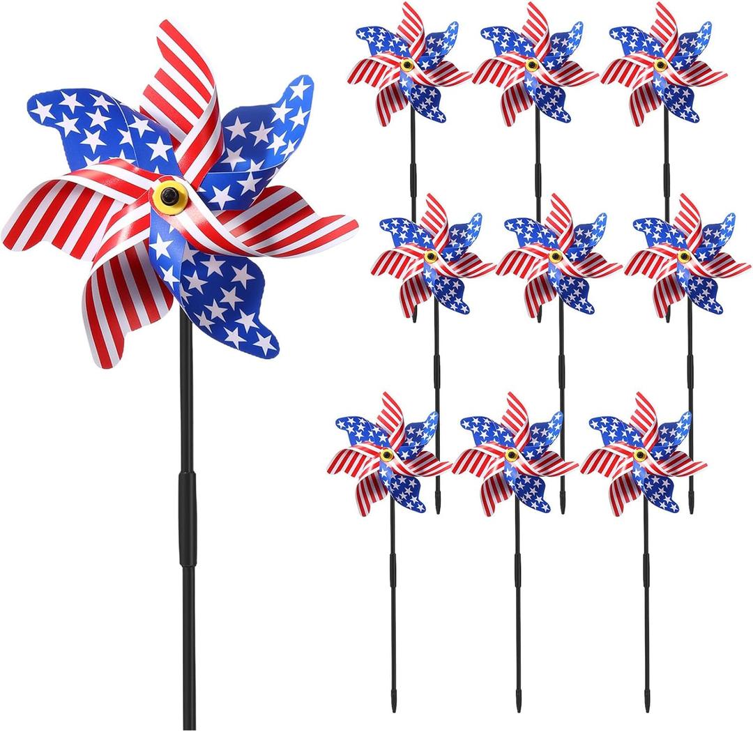 Mindsoft 12 Pcs 22" H 4th of July Pinwheels Patriotic American Flag Pinwheels Red Blue White Stars Stripes Wind Spinner for Outside Independence Day Memorial Day Decorations for Yard Garden Supplies
