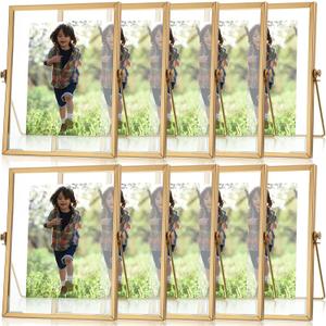Treela 9 Set Gold Frames 6x8 Inch for Picture Sizes 4x6, Metal Glass Vintage Brass Floating Photo Frame Vertical Tabletop Display for Wedding Home Office Desk Decorations(Frame Size 6x8 Inch)