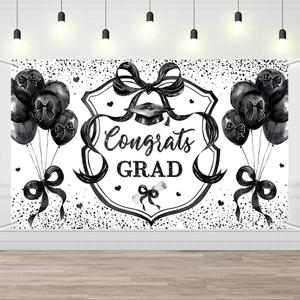 Coquette Congrats Grad Backdrop Black Bow 2025 Graduation Photography Background Coquette Theme Class of 2025 Graduation Party Banner Balloon Heart Photo Props 6x3.6ft