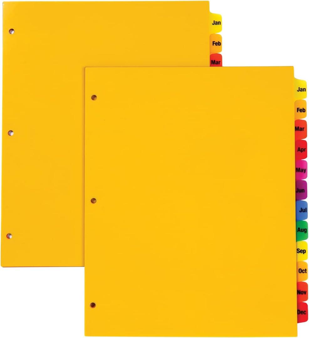 Oxford Plastic Monthly Dividers for 3 Ring Binders, 12 Multicolor Preprinted Tabs, Jan-Dec, Letter Size, 2 Pack (89608)