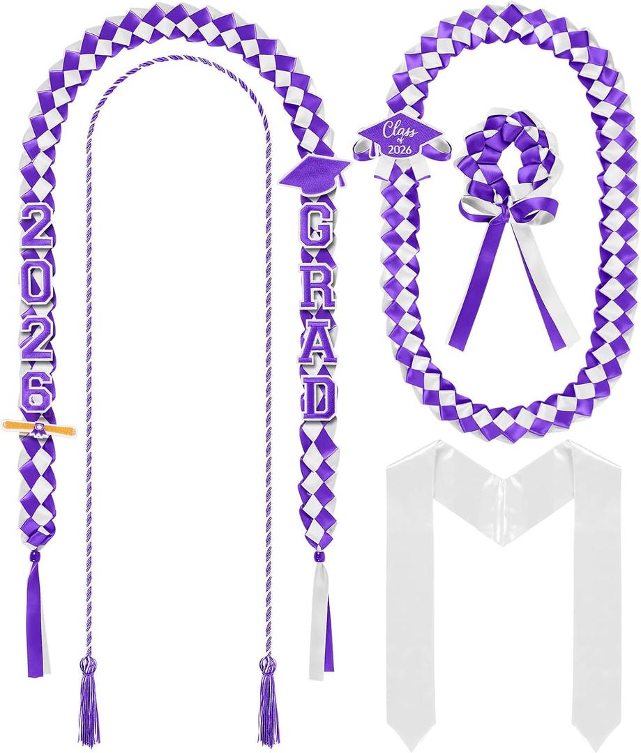 Canlierr 18 Pcs 2026 Graduation Leis and Stole and Honor Cords with Tassel Braided Necklace Adjustable for Student Graduation Gifts Party Supplies(Purple and White)