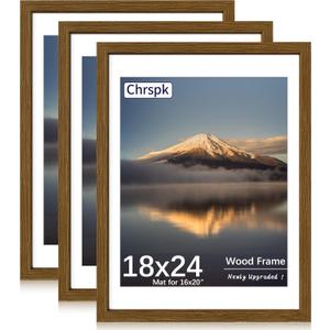 18x24 Poster Frame, Display Pictures 16X20 with Mat or 18x24 Without, Wall Hanging Frames, Rustic Brown, 3 Pack