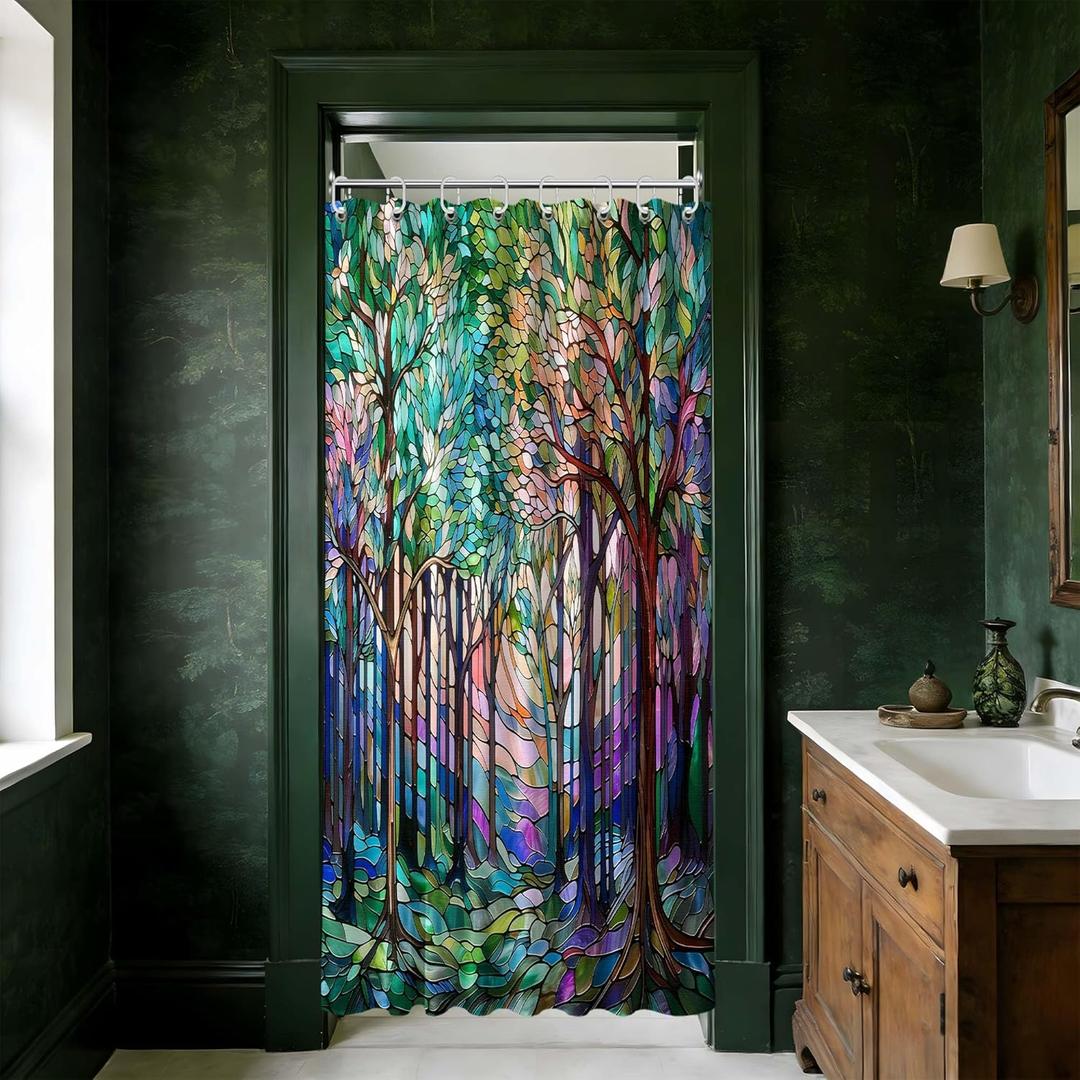 Small Stall Narrow Shower Curtain Stained Glass Stand Up Colorful Forest Nature Shower Curtains for Rv Bathroom Decor Sets, Waterproof Cloth Fabric with Hooks, 36 x 72 Inch