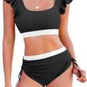 Jolefille High Waisted Bikini Sets for Women Tummy Control Swimsuit 2 Piece Color Block Ruffle Bathing Suits Teens,S