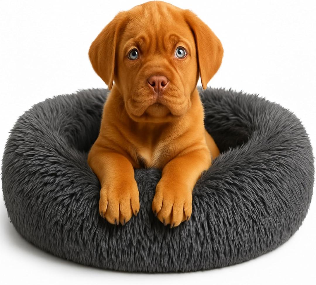Calming Dog Bed - Fluffy Donut Cuddler for Anxiety Relief, Orthopedic Pet Bed with Non-Slip Bottom, Cozy Round Faux Fur Nest for Dogs and Cats, Plush Crate Mat for Comfort (Black, Small)