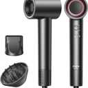 High Speed Ionic Hair Dryer, 160,000 RPM Brushless Motor Blow Dryer for Fast Drying, 500M Negative Ions for Frizz-Free Hair, Smart Heat Control, Low Noise Lightweight with Magnetic Diffuser & Nozzle