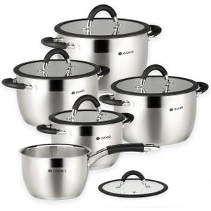 Daniks Orlando 10-Piece Stainless Steel Cookware Set with Glass Lids, Includes Saucepan, Tri-Ply Bases for Even Heating, Induction Compatible, Dishwasher Safe, Heatproof Handles