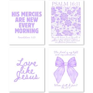 2 x FGFK Coquette Bow Floral Christian Wall Art Prints Set of 4, Lamentations 3:23 Psalm 16:11 Ps.27:1 Bible Verses Posters Pictures Wall Decor for Girls Room Home Dorm Apartment, 8x10 Unframed - Purple