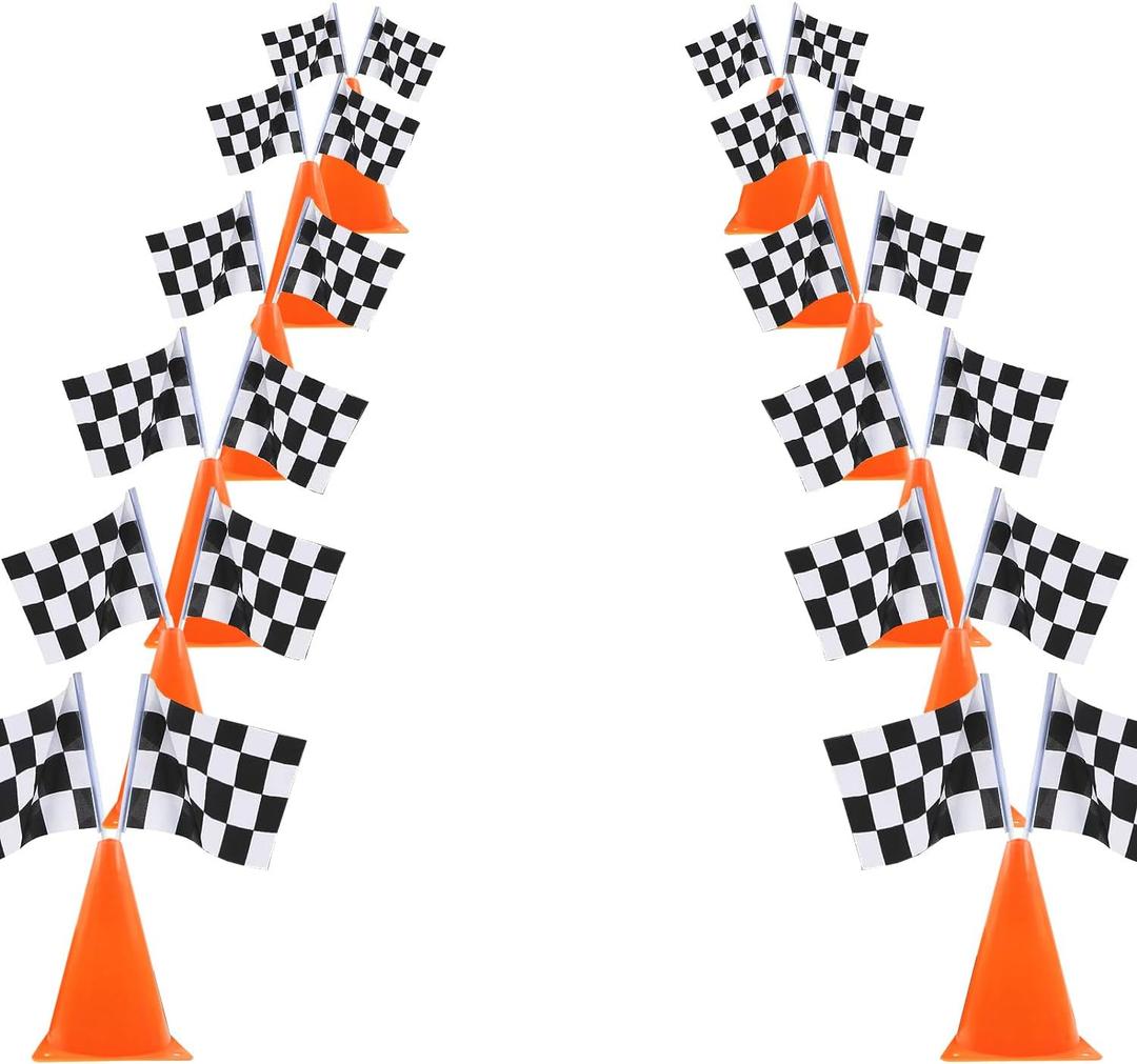 YOELVN 6 Pack 7inch Orange Race Cones with Holes on Top,12 Pack Checkered Flags,Racing Car Birthday Party Decorations,Two Fast Centerpieces,Race Cars Themed Party Supplies