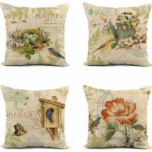 Set of 4 Linen Throw Pillow Covers 18x18 Inch Vintage Bird Nature Floral Home Decor Pillowcase Square Cushion Cover for Sofa Bed Couch