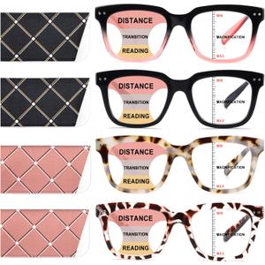 Progressive Multi focus Reading Glasses for Women Men Blue Light Blocking Spring Hinge Square Computer Readers (4 Pack Mixed B)