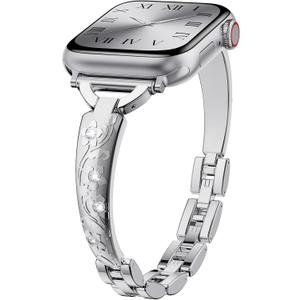Diamond Metal Bands for Women Compatible with Apple Watch Band 38mm 40mm 41mm 42mm 44mm 45mm 46mm 49mm Simple and Stylish Adjustable Metal Band for iWatch Series1/2/3/4/5/6/7/8/9/10/SE (Silver)
