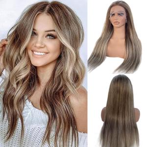 20 Inch Balayage Human Hair Wigs Ombre Ash Blonde 13x4 HD Transparent Chestnut Brown to Ash Blonde Highlight Lace Front Remy Hair with Brown Roots for Women Pre Plucked with Baby Hair 150% Density