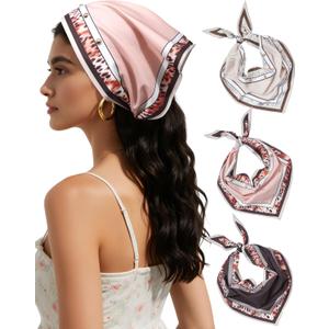 AWAYTR Women Triangle Head Scarf 3Pcs Tie Back Hair Bandanas for Women with Metal Studs - Head Coverings Cute Headscarf (Solid Colors - Khaki + Brown)