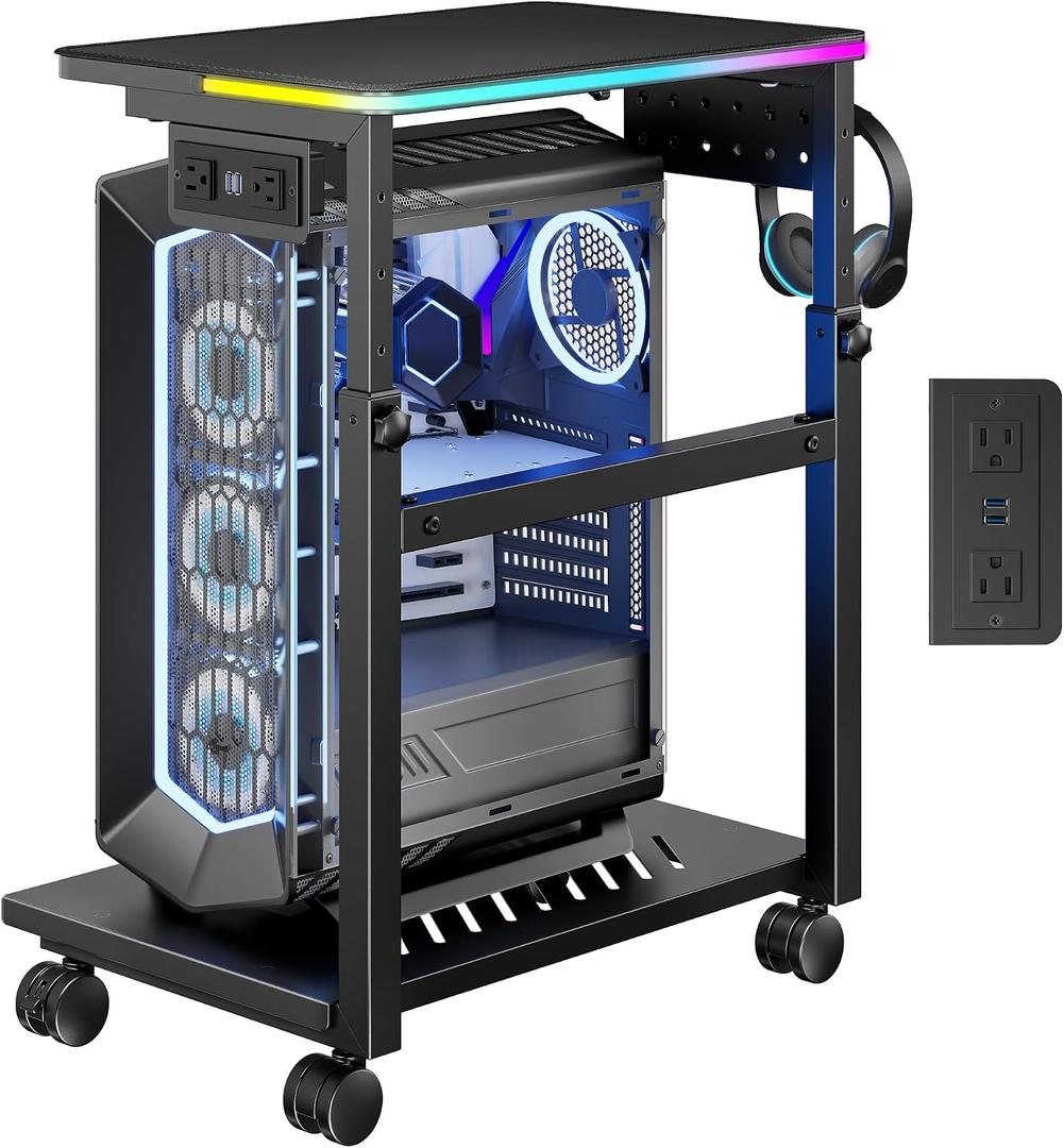 RGB Adjustable Computer Tower Stand, USB Lock Casters Mobile CPU Cart
