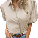 Tankaneo Womens Button Down Shirts Puff Sleeve Tops Summer Cotton Blouses (Beige, M)