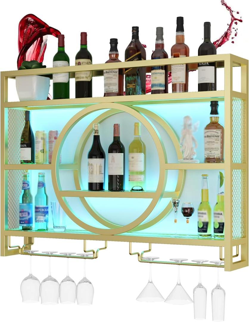 Wine Rack Wall Mounted with Wine Glass Rack Floating Bar Shelves for Liquor Bottles with LED Light Liquor Bottle Display Shelf Wall Bar Cabinet Mini Bar for Home Bar Dining Room Kitchen Living Room, Size: 140 cm (55.11 in)