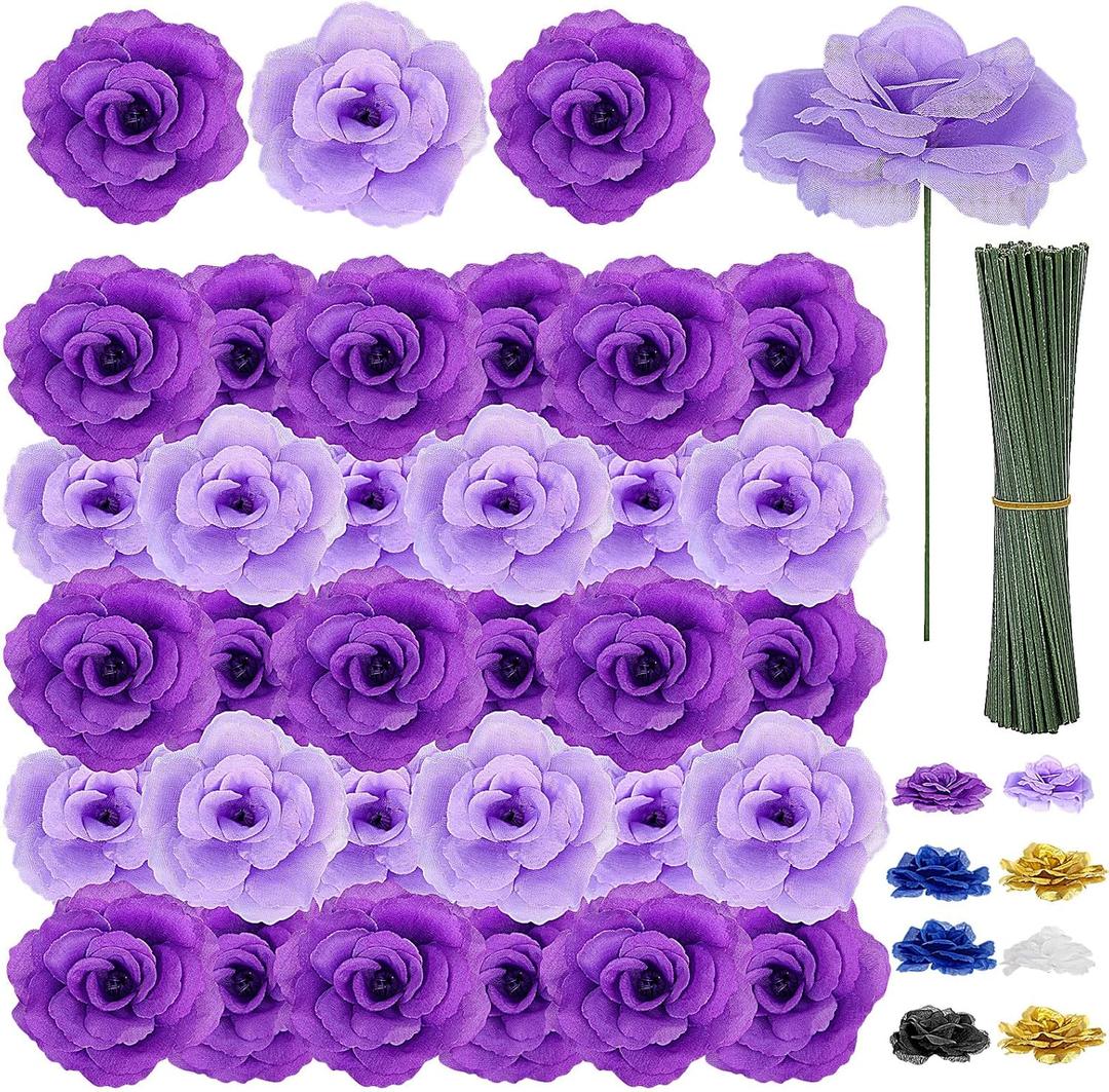 108pcs Roses Head Flowers with Stem - Purple & Lilac Artificial Flowers Rose Bulk - Lavender Purple Silk Rose Fake Flower for Wedding Bouquet Party Home DIY Baby Shower Centerpieces Tables Decoration
