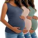 Riyiper 3 Pack Women's Maternity Tank Tops, Sleeveless Cotton Pregnancy Shirts Ribbed Knit Sides Ruched Basic Mama Clothes (Medium, Light Green, Dusty Pink, Haze Blue)