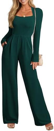 Pink Queen Jumpsuits for Women Dressy Scoop Neck Long Sleeve Wide Leg Romper One Piece Trendy Outfits L