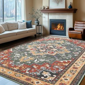 8x10 Area Rugs, Machine Washable Area Rugs Boho Low Pile Area Rug for Living Room, Floral Medallion Vintage Rugs with Non-Slip Rubber, Kid & Pet Friendly, Red/Green