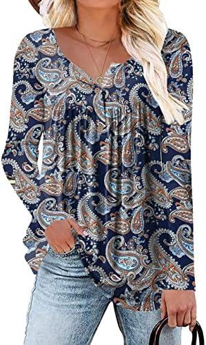 HAHIYOR Womens-Tops-Long-Sleeve Henley Shirts V Neck Blouses Buttons Up Tunics Flowy Pleated Blouses S