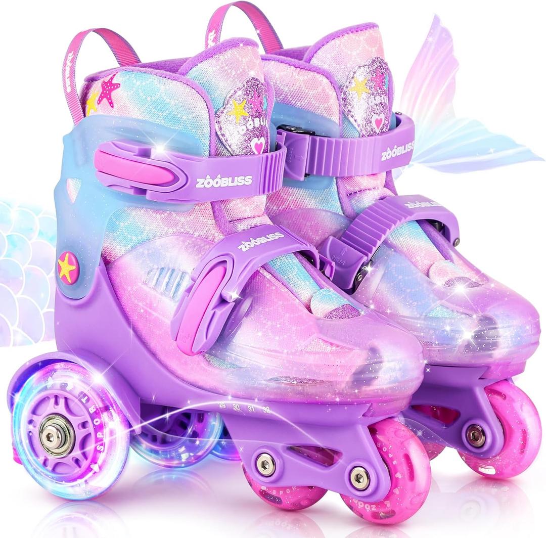 Kids Roller Skates for Beginners - ZOOBLISS Toddler Roller Skates for Boys and Girls Ages 3-7 with Light-Up Wheels & 4 Adjustable Sizes, Tri-Wheel Training Skates for Kids (XS-Small(8C-10.5C US), Mermaid Purple)