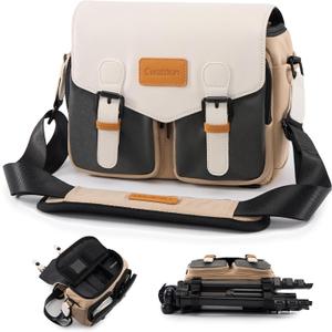 Cwatcun Camera Shoulder Bag Compact Camera Case, Small Waterproof Camera Messenger Bag with Tripod Holder, Travel Photography Bag for Canon, Nikon, Sony, Fuji DSLR/SLR/Mirrorless Camera, Lens
