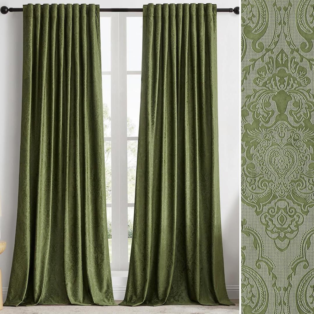 GIGIZAZA Green Velvet Curtains 72 Inch Long for Living Room,2 Panels Luxury Vintage Drapes Floral Embossed Blackout Window Curtain Back Tab Thermal for Bedroom