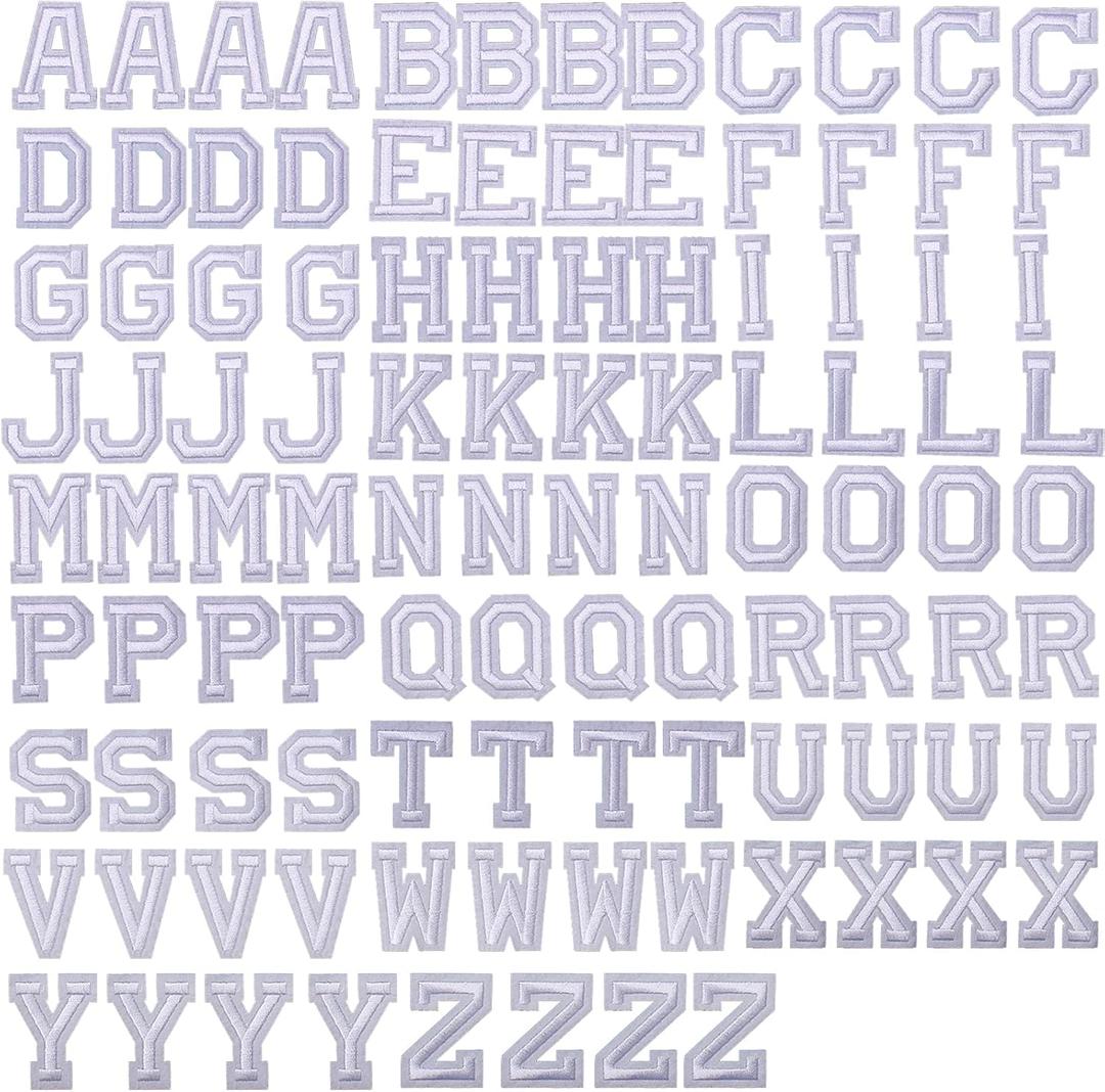 J.CARP 104Pcs White Alphabet A to Z Patches, Iron on Sew on Letters for Clothing, Hats, Shoes, Backpacks, Handbags, Jeans, Jackets etc.