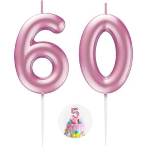 2 x Pink Number 60 Candle Happy Birthday 3D Number Candles for Birthday Cake Party Decoration Wedding Anniversary Celebration Supplies
