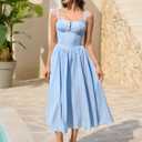 KUTUMAI Women Summer Corset Midi Dress Floral Lace Smocked Flowy A Line Wedding Guest Bridal Shower Dresses with Pockets (Blue, XS)